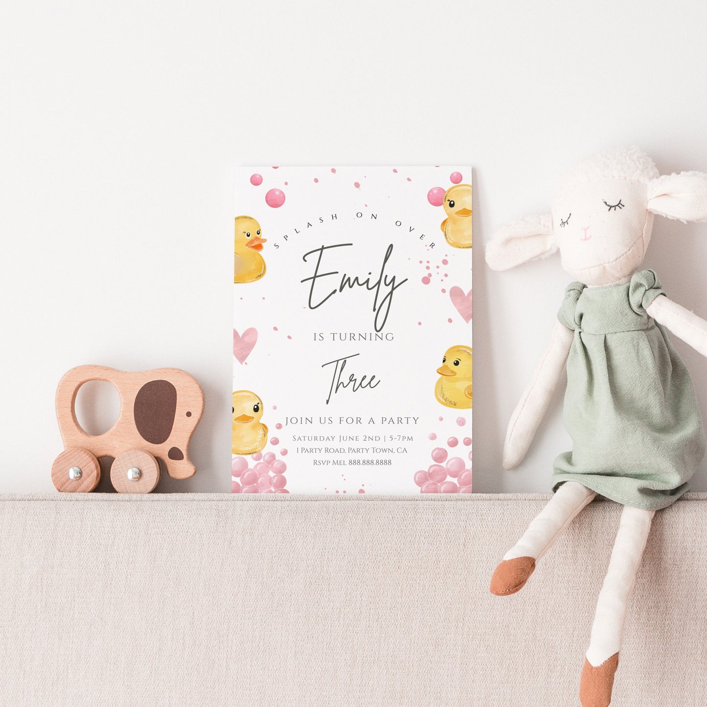 Duck Birthday Party Invitation-Duck Party Invite, Girls Birthday Invitation, Kids Birthday Invite, Yellow, Pink Editable Digital Download