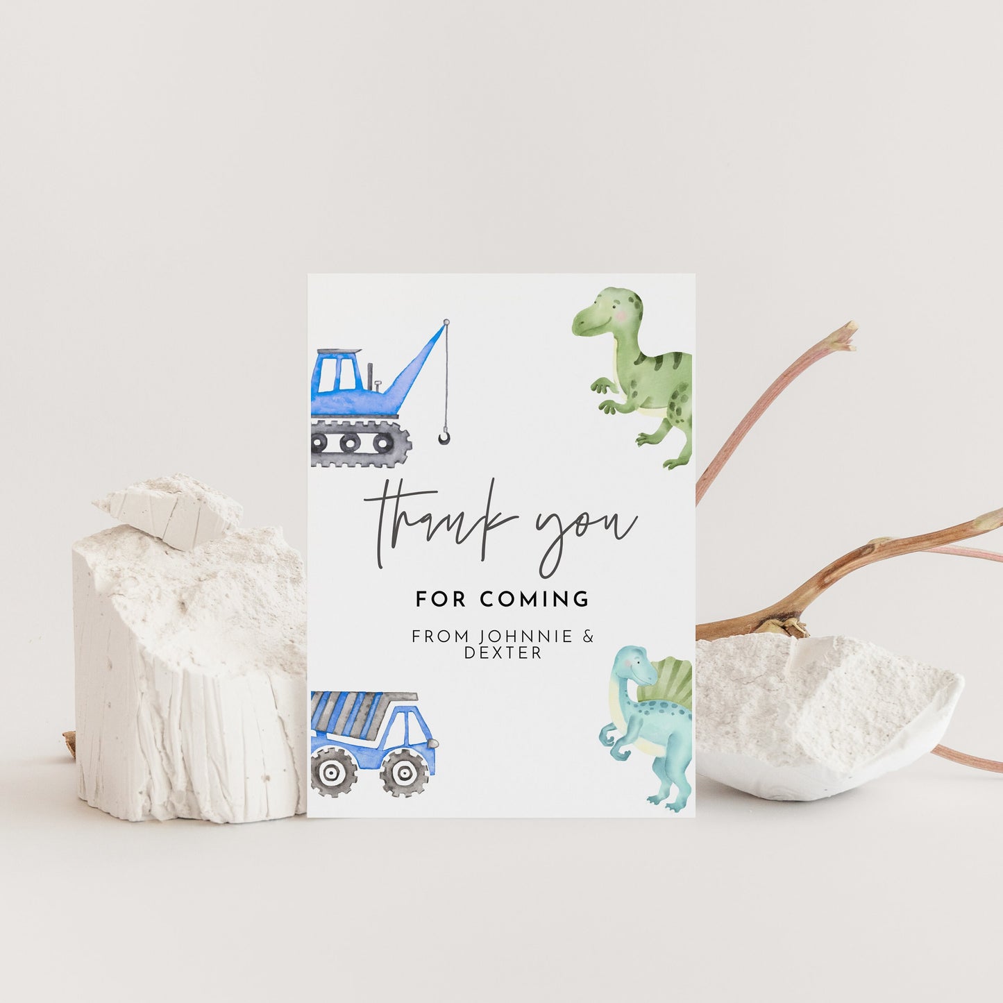 Dinosaur and Construction Birthday Thank You Card - Sibling Birthday Decor, Joint Birthday Decor, Boys Birthday, Editable Instant Download
