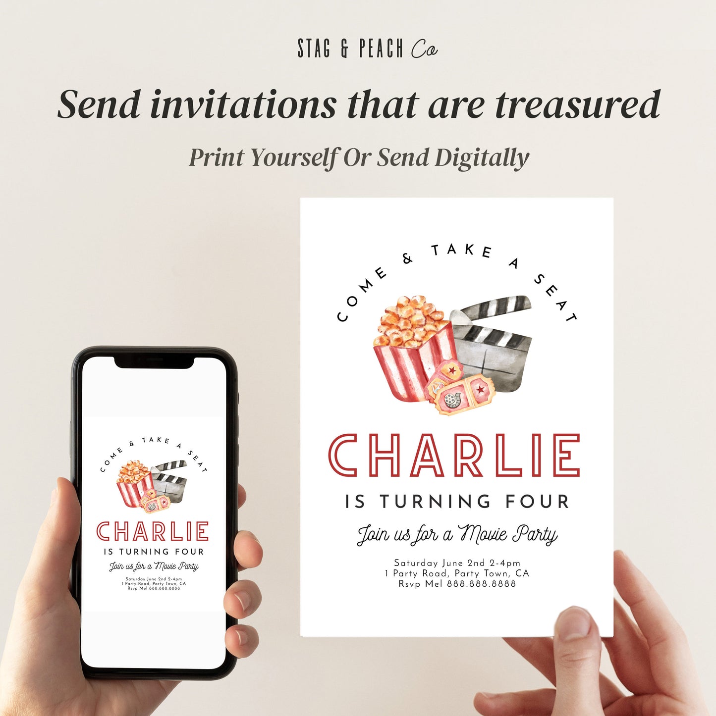 Movie Invitation - Movie Birthday Invitation, Cinema Birthday Invitation, Theater Invitation, Backyard, Kids Party Editable Instant Download