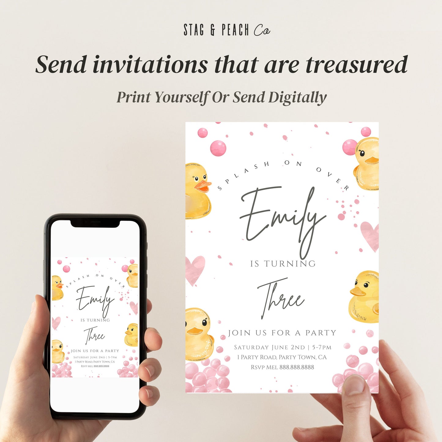 Duck Birthday Party Invitation-Duck Party Invite, Girls Birthday Invitation, Kids Birthday Invite, Yellow, Pink Editable Digital Download