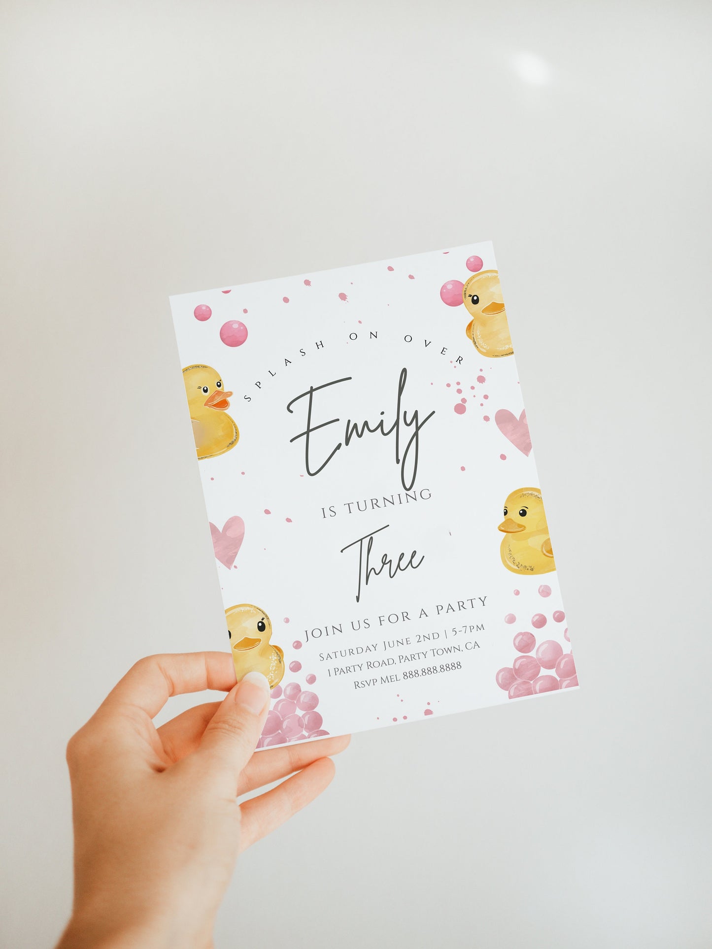 Duck Birthday Party Invitation-Duck Party Invite, Girls Birthday Invitation, Kids Birthday Invite, Yellow, Pink Editable Digital Download