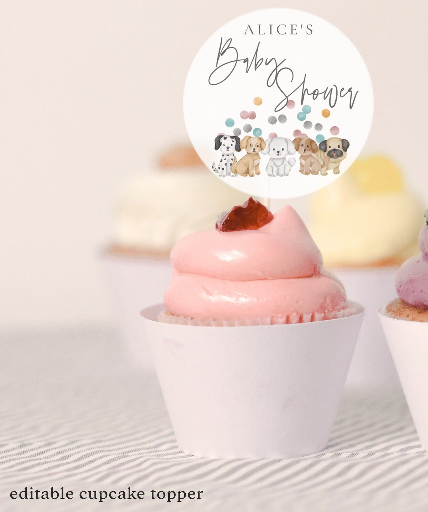 Puppy Cupcake Toppers - Puppy Baby Shower Decor, Puppy Cake Toppers, Dog Theme Cupcake Toppers, Pastels, Unisex, Editable Instant Download