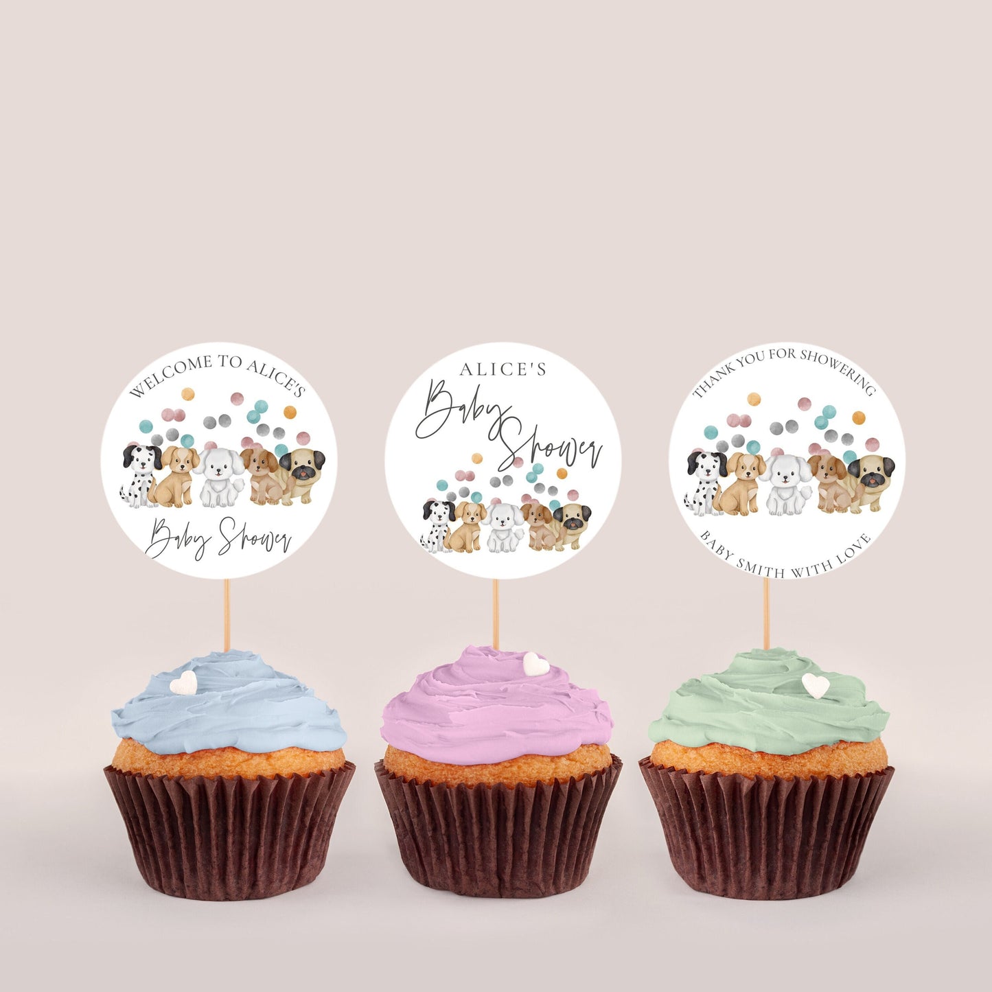 Puppy Cupcake Toppers - Puppy Baby Shower Decor, Puppy Cake Toppers, Dog Theme Cupcake Toppers, Pastels, Unisex, Editable Instant Download