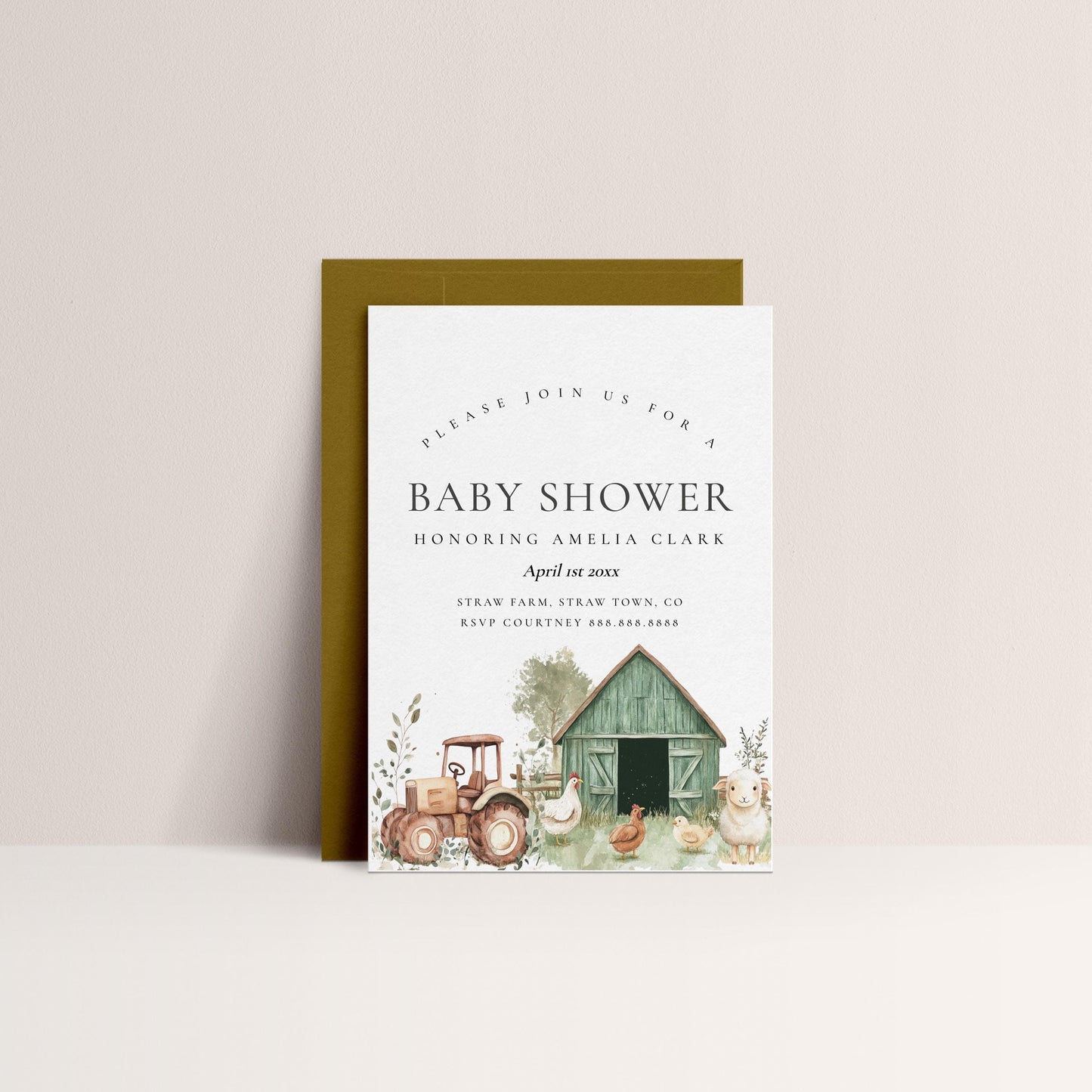 Farm Animal Baby Shower Invitation Suite - Barnyard Baby Shower, Tractor, Barn, Farm Diaper Raffle & Books cards, Editable Instant Download