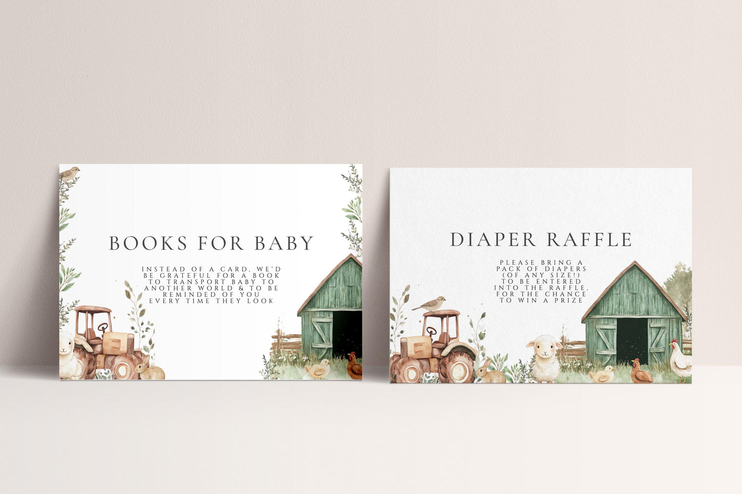 Farm Animal Baby Shower Book & Diaper Raffle Card - Tractor Theme Baby Shower Decor, Farm Invitation Inserts, Barnyard Editable Download