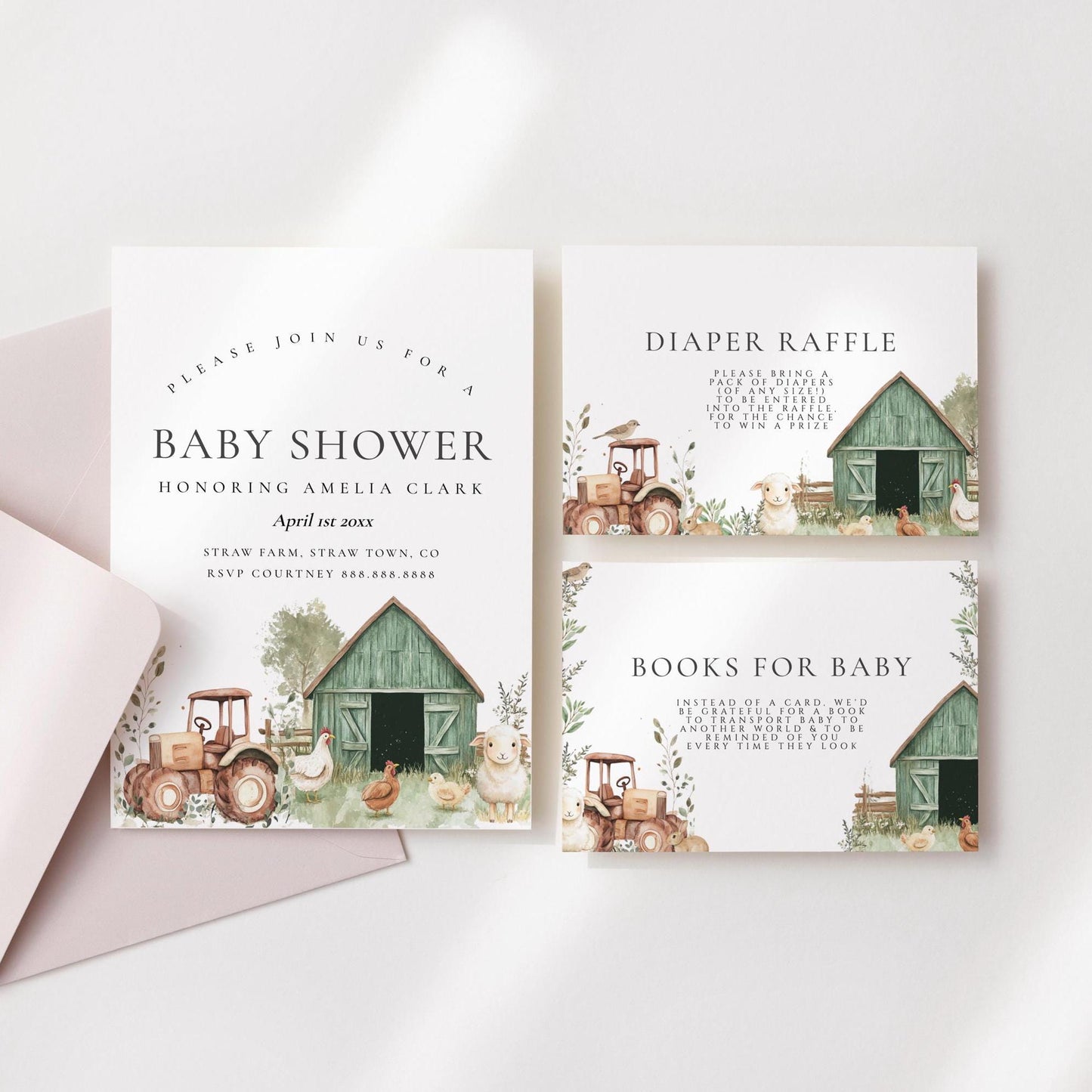 Farm Animal Baby Shower Invitation Suite - Barnyard Baby Shower, Tractor, Barn, Farm Diaper Raffle & Books cards, Editable Instant Download