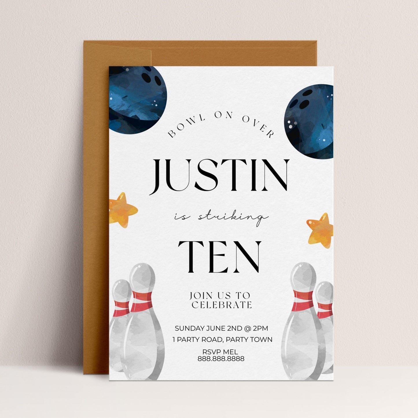 Editable Bowling Birthday Party Invitation - Boy Bowling Birthday, Bowling Party Invitation Template, Bowling Invite