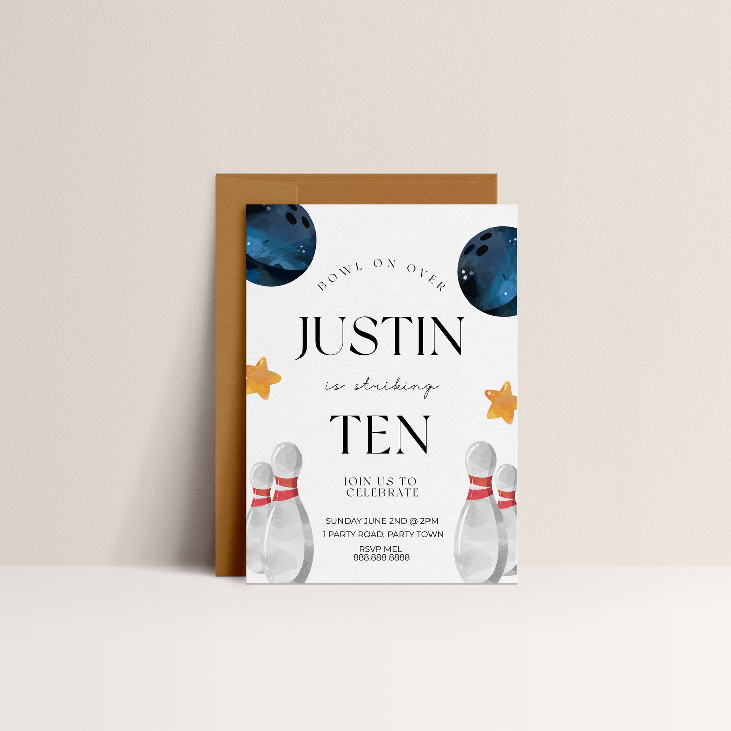 Editable Bowling Birthday Party Invitation - Boy Bowling Birthday, Bowling Party Invitation Template, Bowling Invite