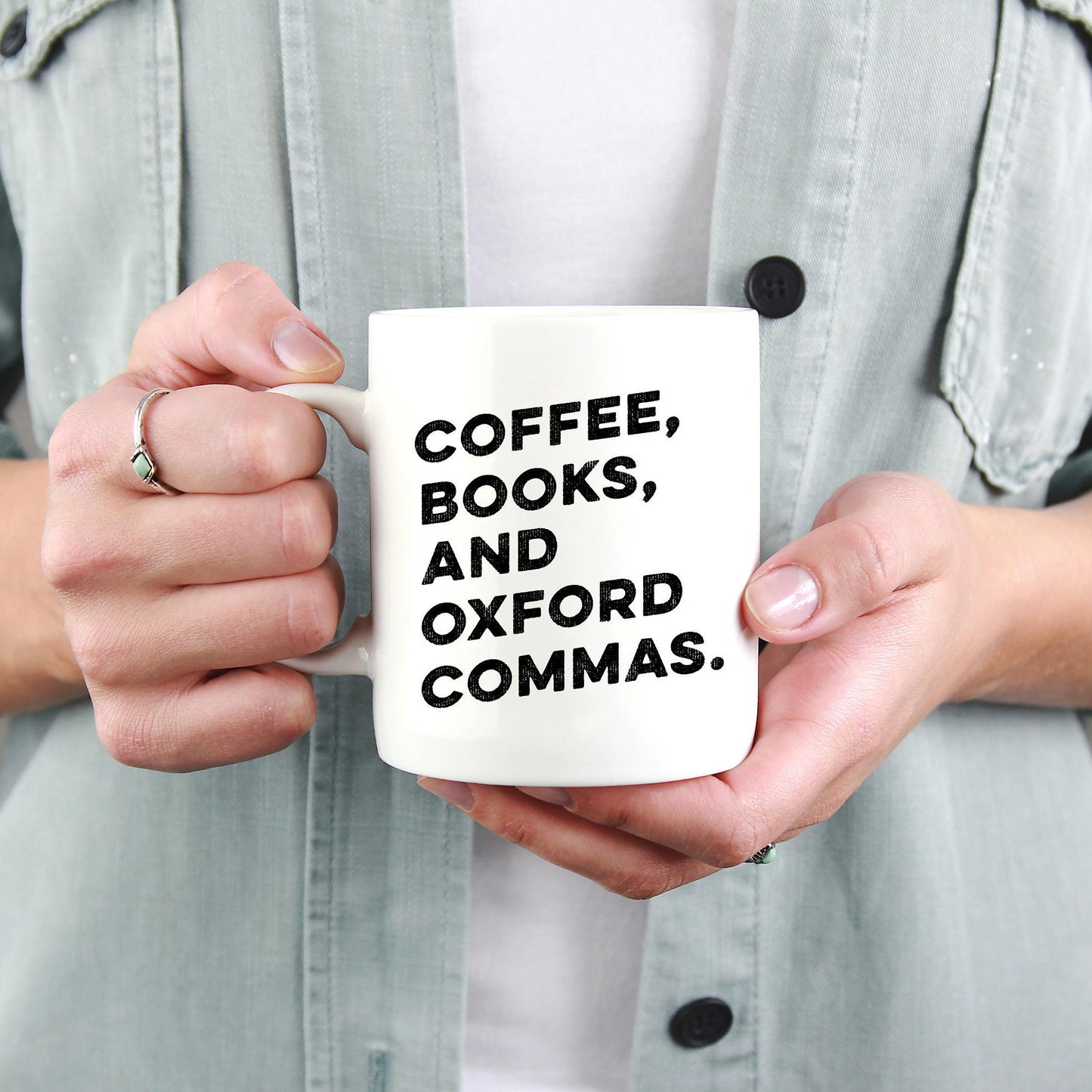 Coffee, Books & Oxford Commas Mug - book lover mug - book lover gift - bookworm gift - bibliophile - Grammar Vocabulary Punctuation