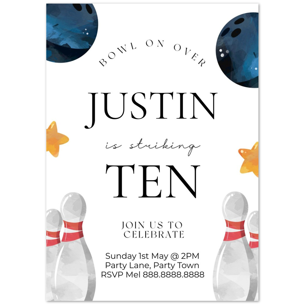 Editable Bowling Birthday Party Invitation - Boy Bowling Birthday, Bowling Party Invitation Template, Bowling Invite