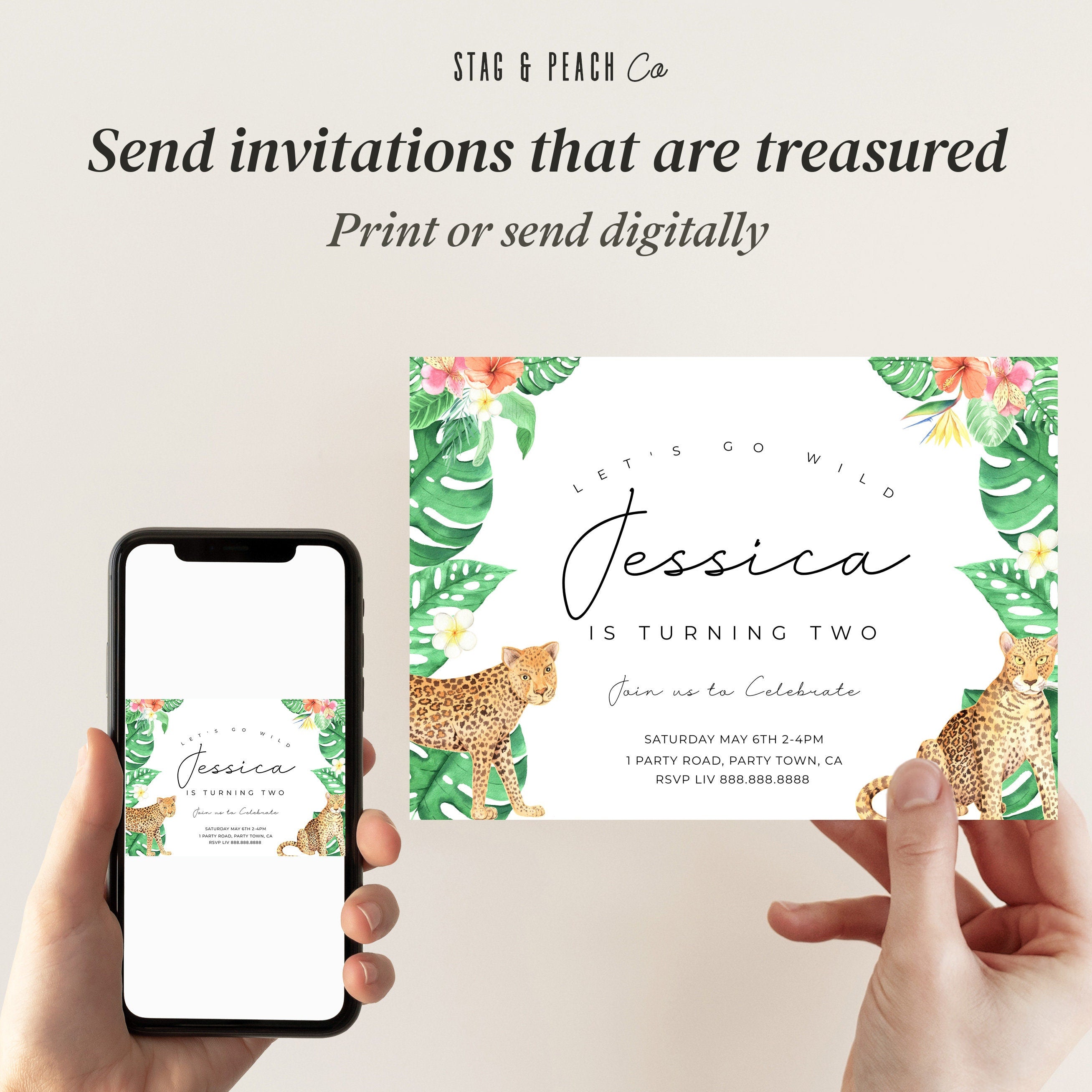 Leopard Birthday Invitation-Leopard Birthday Party Invite, Tropical Leaves Invitation, Safari Birthday Invitation, Editable Instant Download