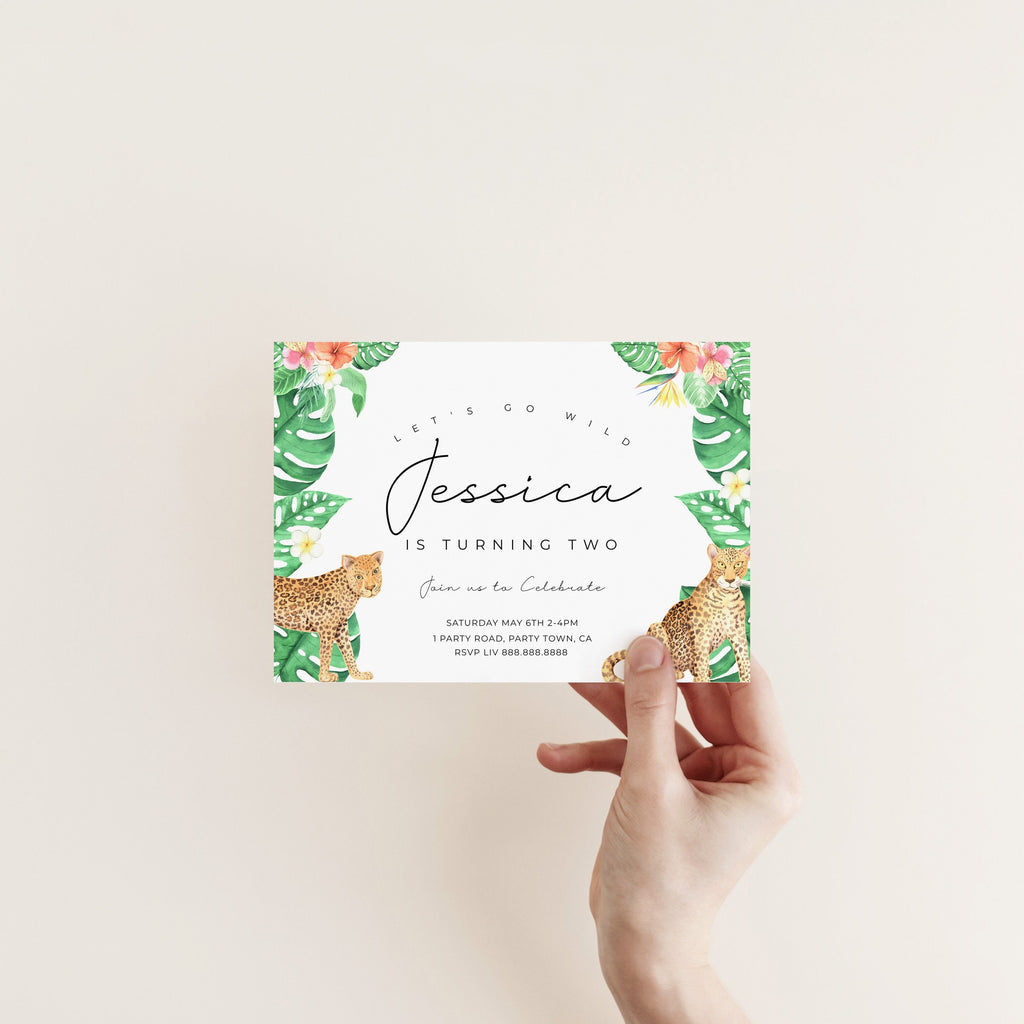 Leopard Birthday Invitation-Leopard Birthday Party Invite, Tropical Leaves Invitation, Safari Birthday Invitation, Editable Instant Download