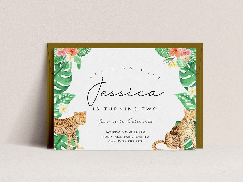 Leopard Birthday Invitation-Leopard Birthday Party Invite, Tropical Leaves Invitation, Safari Birthday Invitation, Editable Instant Download