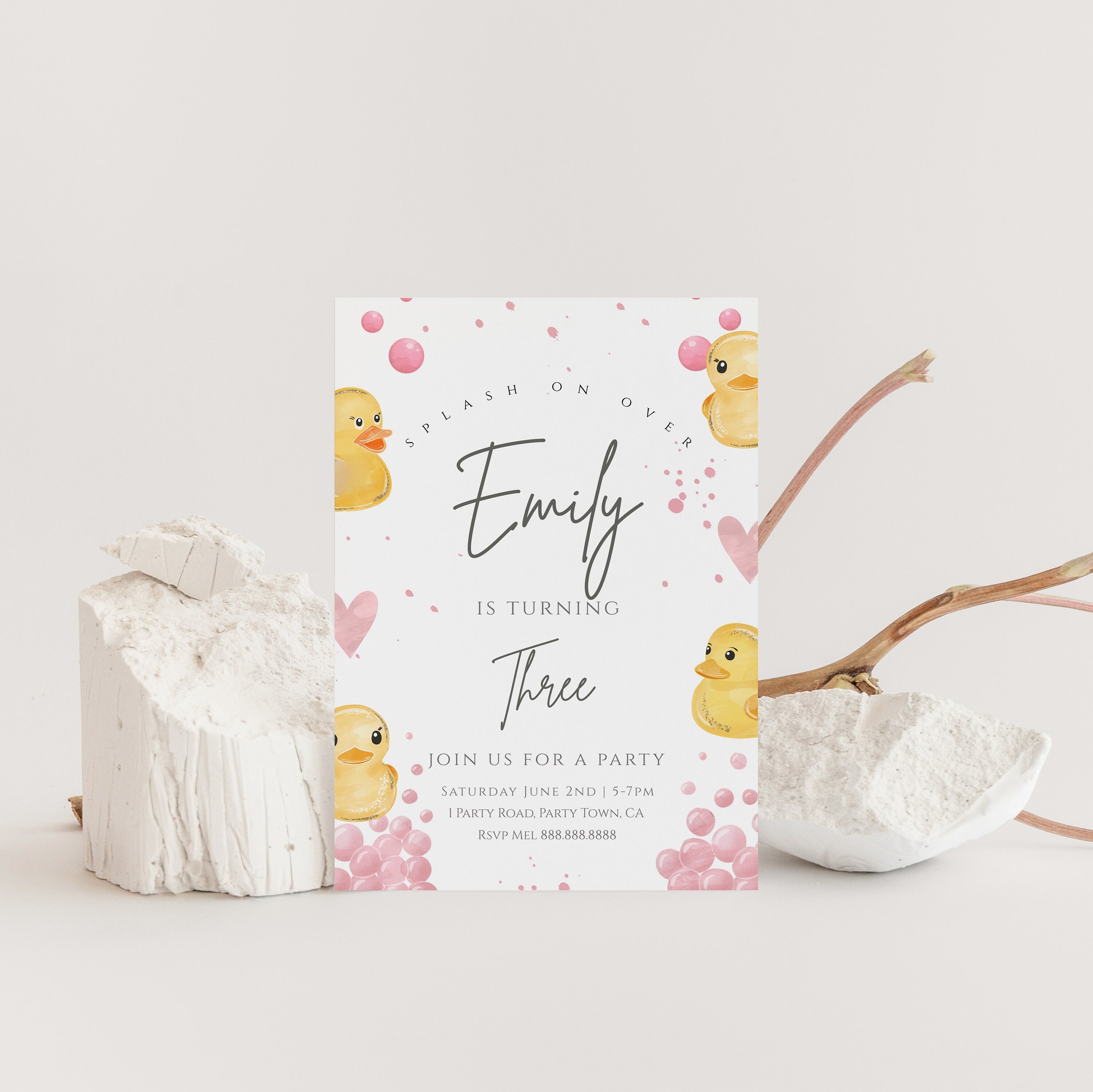 Duck Birthday Party Invitation-Duck Party Invite, Girls Birthday Invitation, Kids Birthday Invite, Yellow, Pink Editable Digital Download