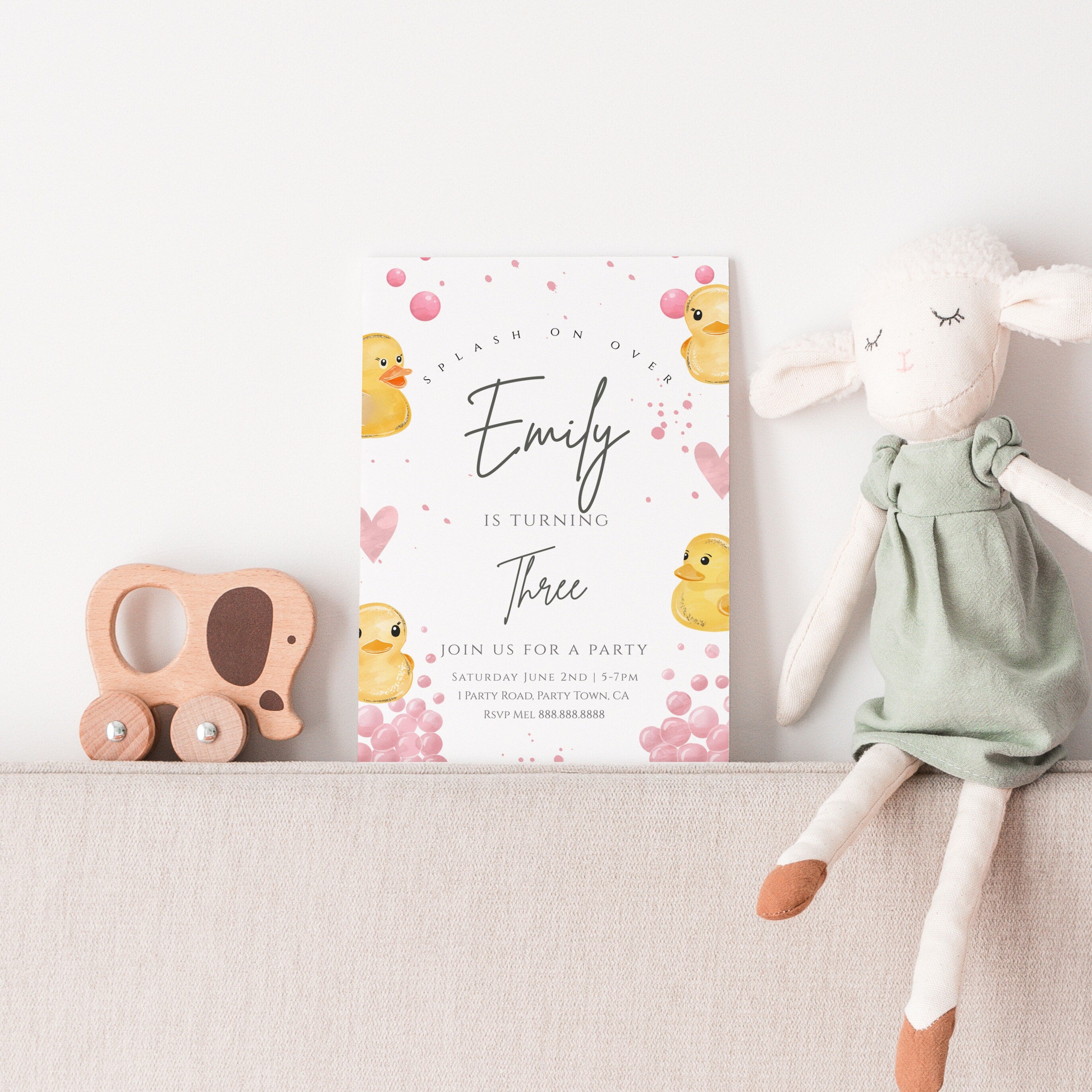 Duck Birthday Party Invitation-Duck Party Invite, Girls Birthday Invitation, Kids Birthday Invite, Yellow, Pink Editable Digital Download