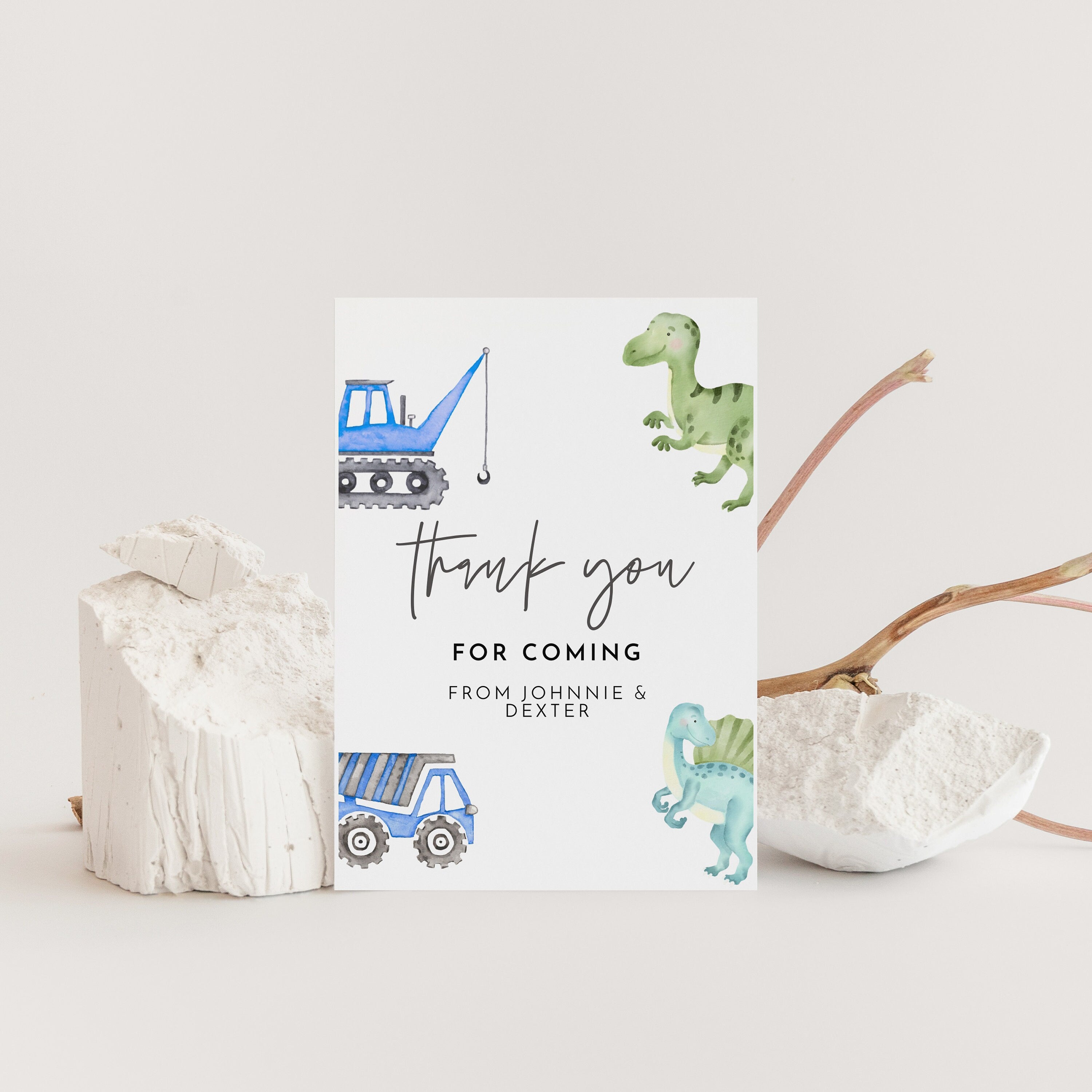 Dinosaur and Construction Birthday Thank You Card - Sibling Birthday Decor, Joint Birthday Decor, Boys Birthday, Editable Instant Download