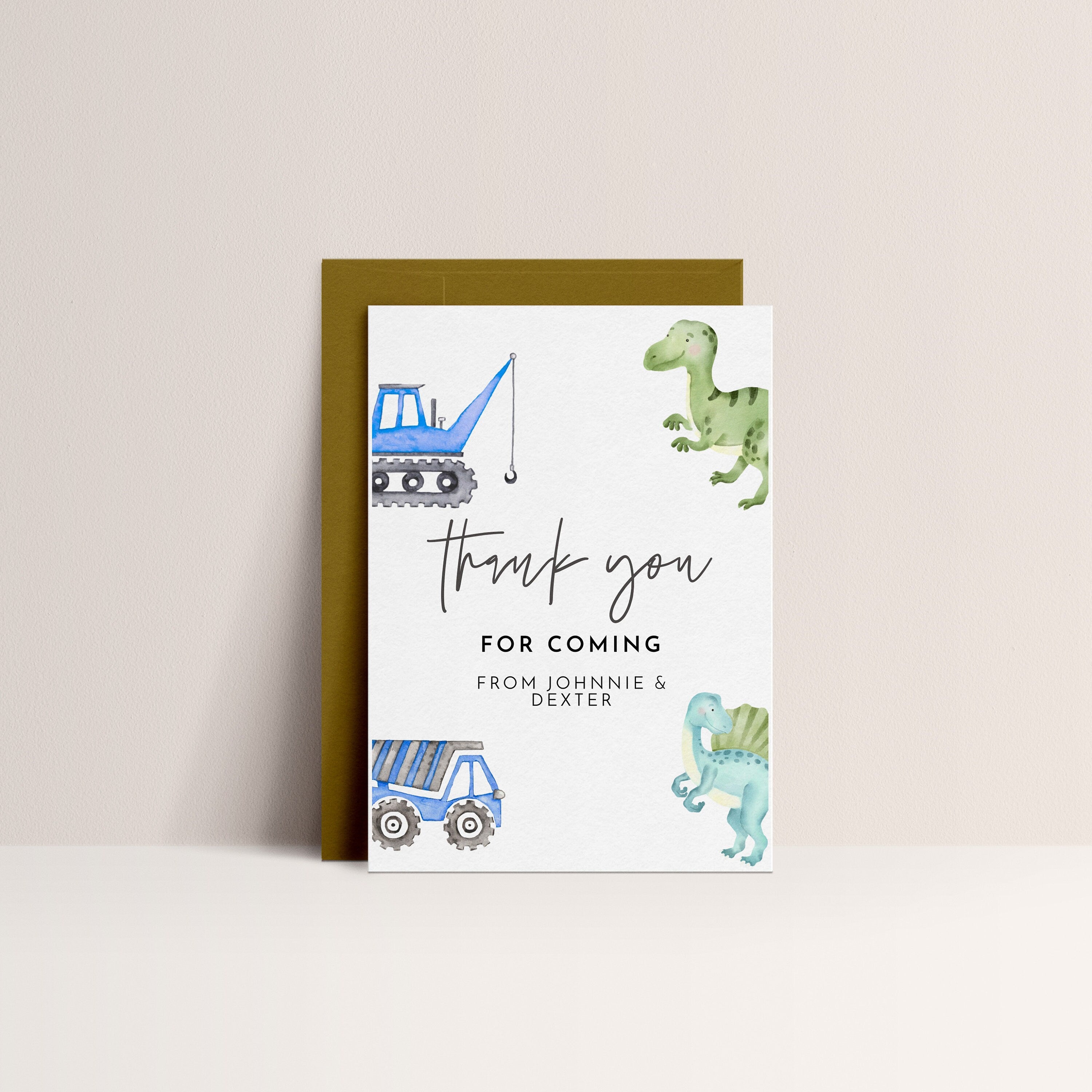 Dinosaur and Construction Birthday Thank You Card - Sibling Birthday Decor, Joint Birthday Decor, Boys Birthday, Editable Instant Download