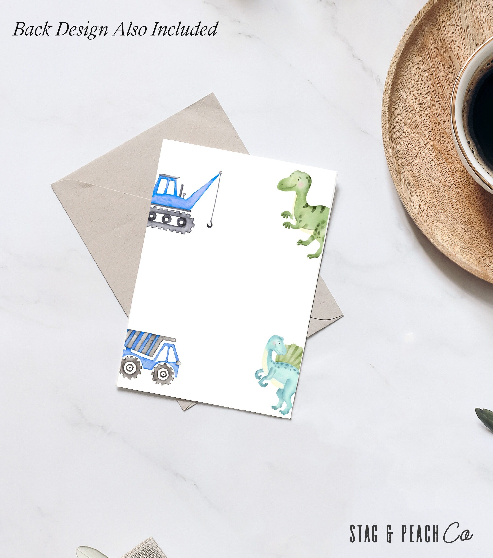 Dinosaur and Construction Birthday Thank You Card - Sibling Birthday Decor, Joint Birthday Decor, Boys Birthday, Editable Instant Download