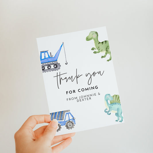 Dinosaur and Construction Birthday Thank You Card - Sibling Birthday Decor, Joint Birthday Decor, Boys Birthday, Editable Instant Download