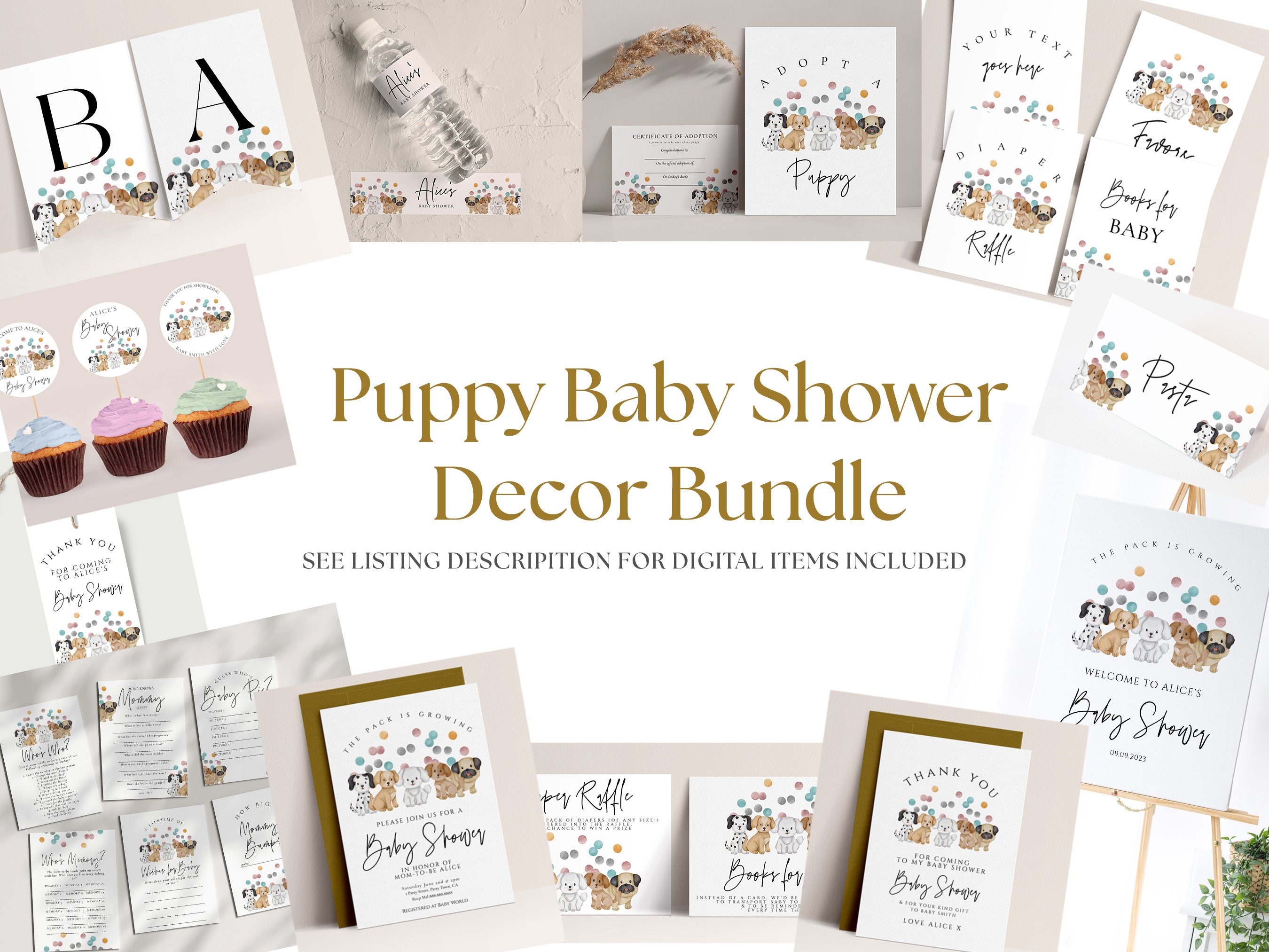 Puppy Baby Shower Decorations Bundle - Dog Theme Baby Shower, Puppy Theme Signs, Tags, Banner, Puppy Baby Shower Invite, Editable Download