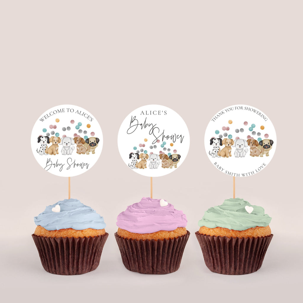 Puppy Cupcake Toppers - Puppy Baby Shower Decor, Puppy Cake Toppers, Dog Theme Cupcake Toppers, Pastels, Unisex, Editable Instant Download