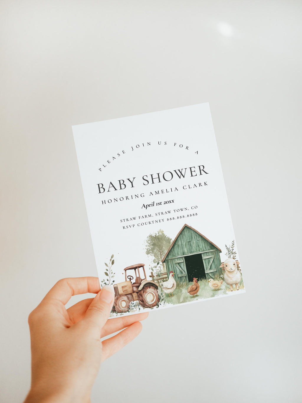 Farm Animal Baby Shower Invitation - Barnyard Baby Shower Invite, Tractor, Barn, Ranch Theme Baby Shower Invite, Editable Instant Download