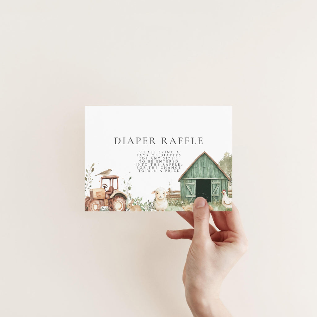 Farm Animal Baby Shower Book & Diaper Raffle Card - Tractor Theme Baby Shower Decor, Farm Invitation Inserts, Barnyard Editable Download