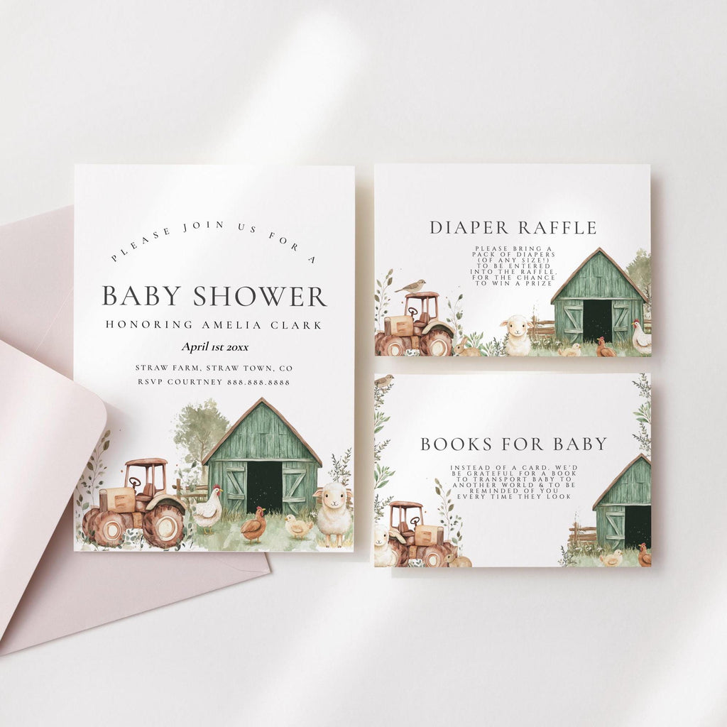 Farm Animal Baby Shower Invitation Suite - Barnyard Baby Shower, Tractor, Barn, Farm Diaper Raffle & Books cards, Editable Instant Download