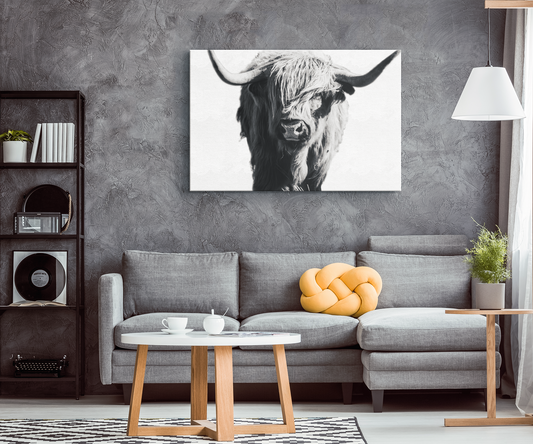 Highland Cow Canvas Wall Art - Black and White, Highland Cow Print, Cow Art, Cow Decor, Cow Gift, Highland Cattle Art, Highland Bull Print