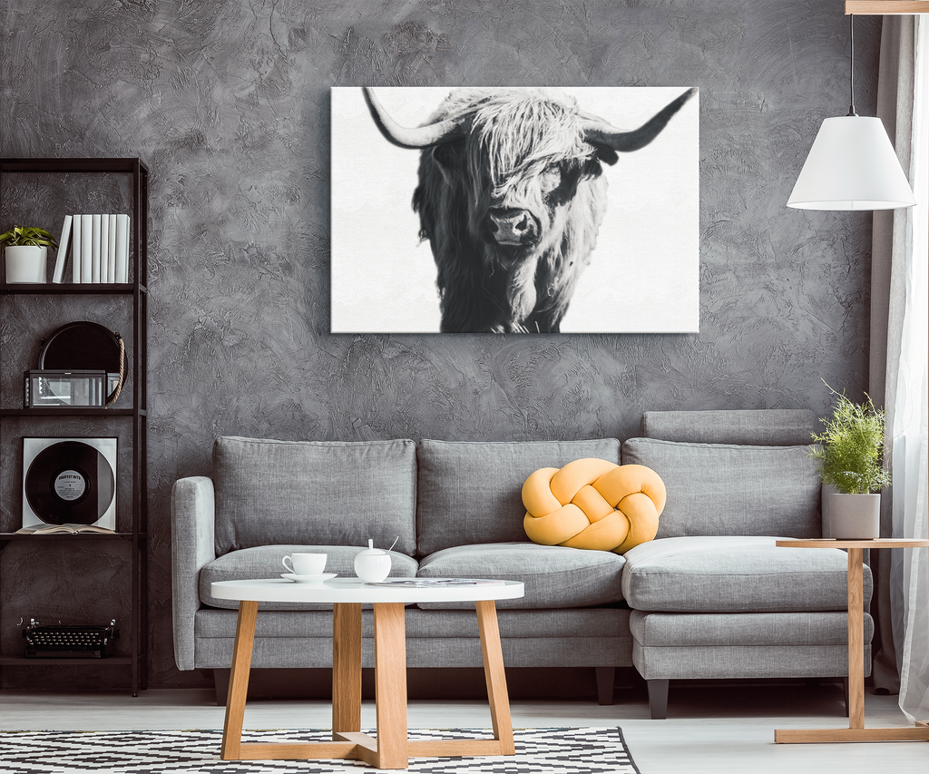 Black And White Highland Cow Canvas – Rustic Bull Wall Art