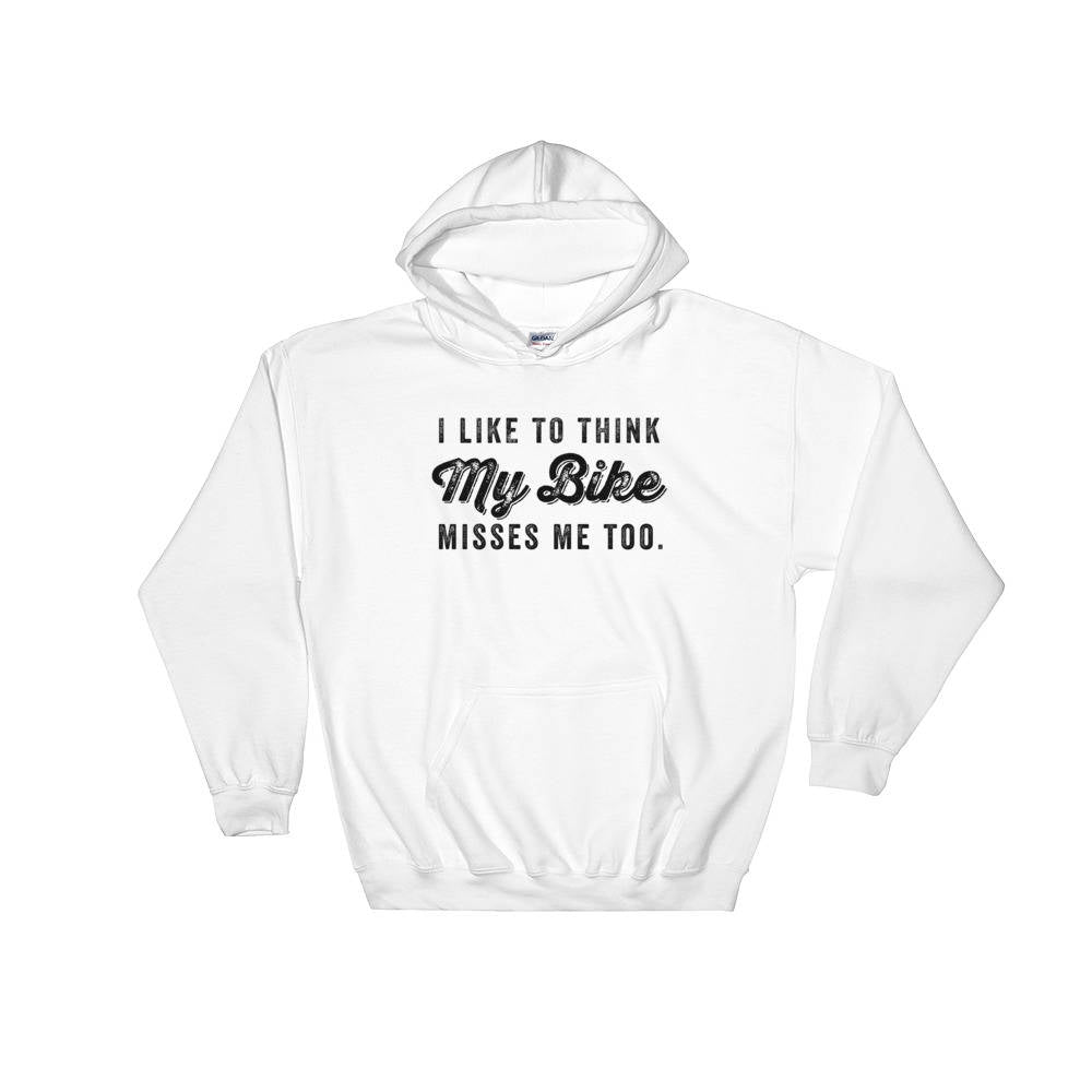 I Like To Think My Bike Misses Me Too Hoodie - Cycling hoodie, Cyclists gift, Bicycle shirt, Bicycle tshirt women, Bicycle lover gift - Stag & Peach Co