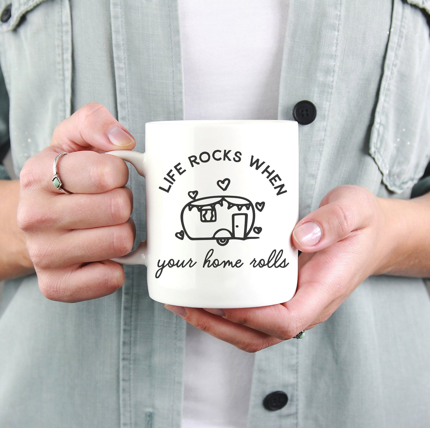 Life Rocks When Your Home Rolls Mug - Camping mug , happy camper mug , camping gift , camping mugs, campfire mug , travel mug