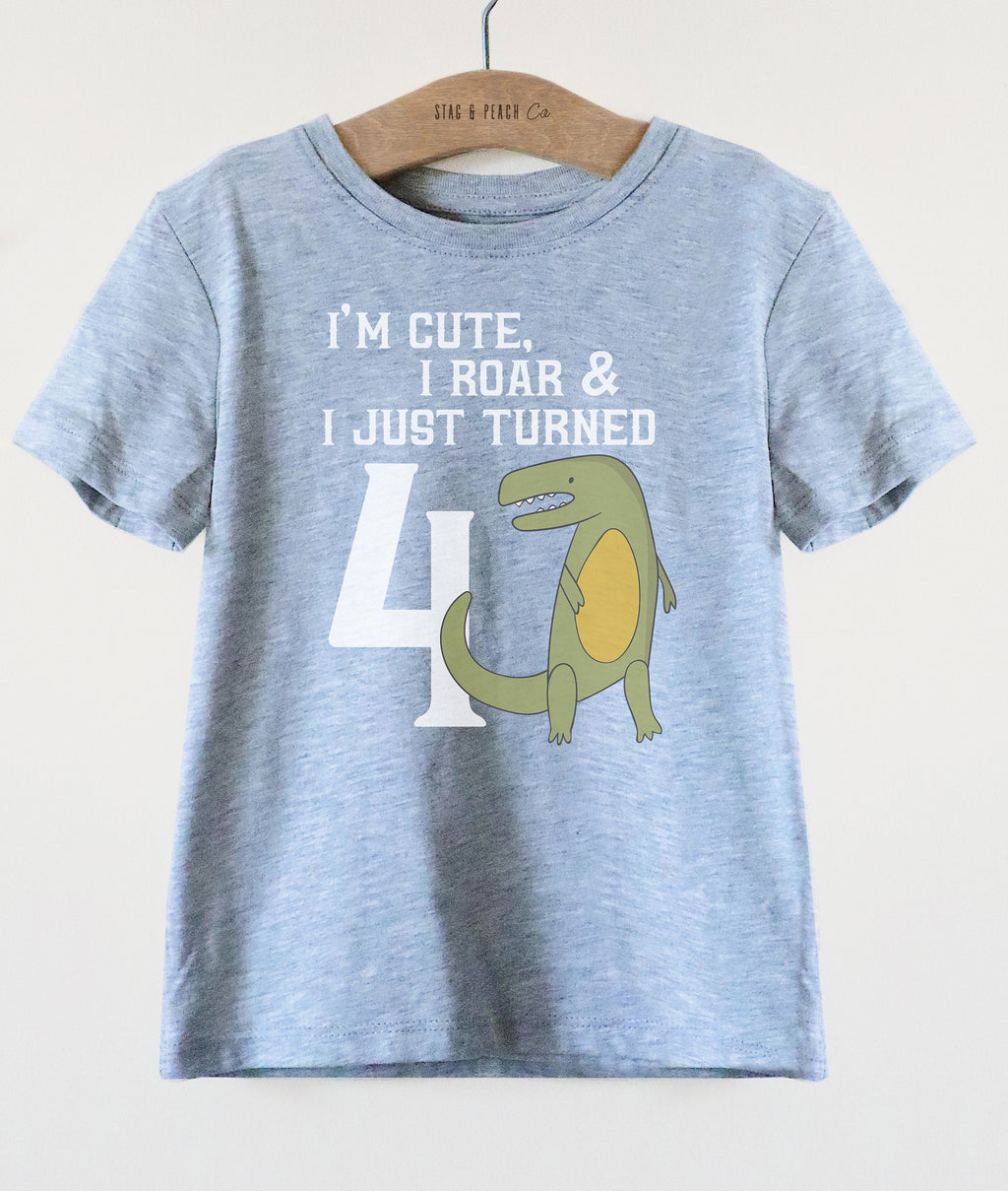 Cute 4th Birthday Dinosaur Kids T-Shirt - birthday shirt dinosaur - Toddler Top Shirt - dinosaur shirt- T-Rex birthday shirt - - Stag & Peach Co