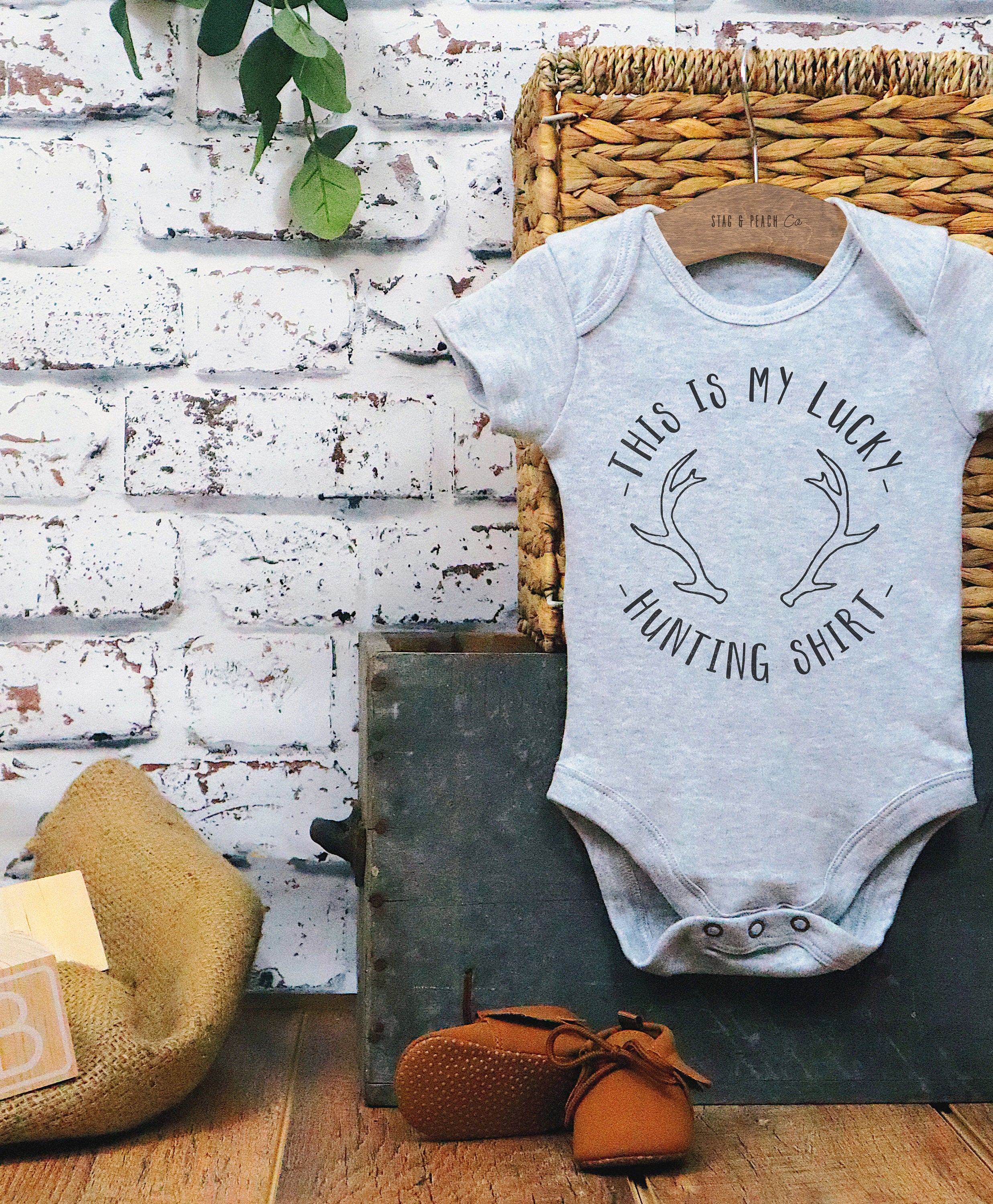 This Is My Lucky Hunting Shirt Baby Bodysuit - Stag & Peach Co