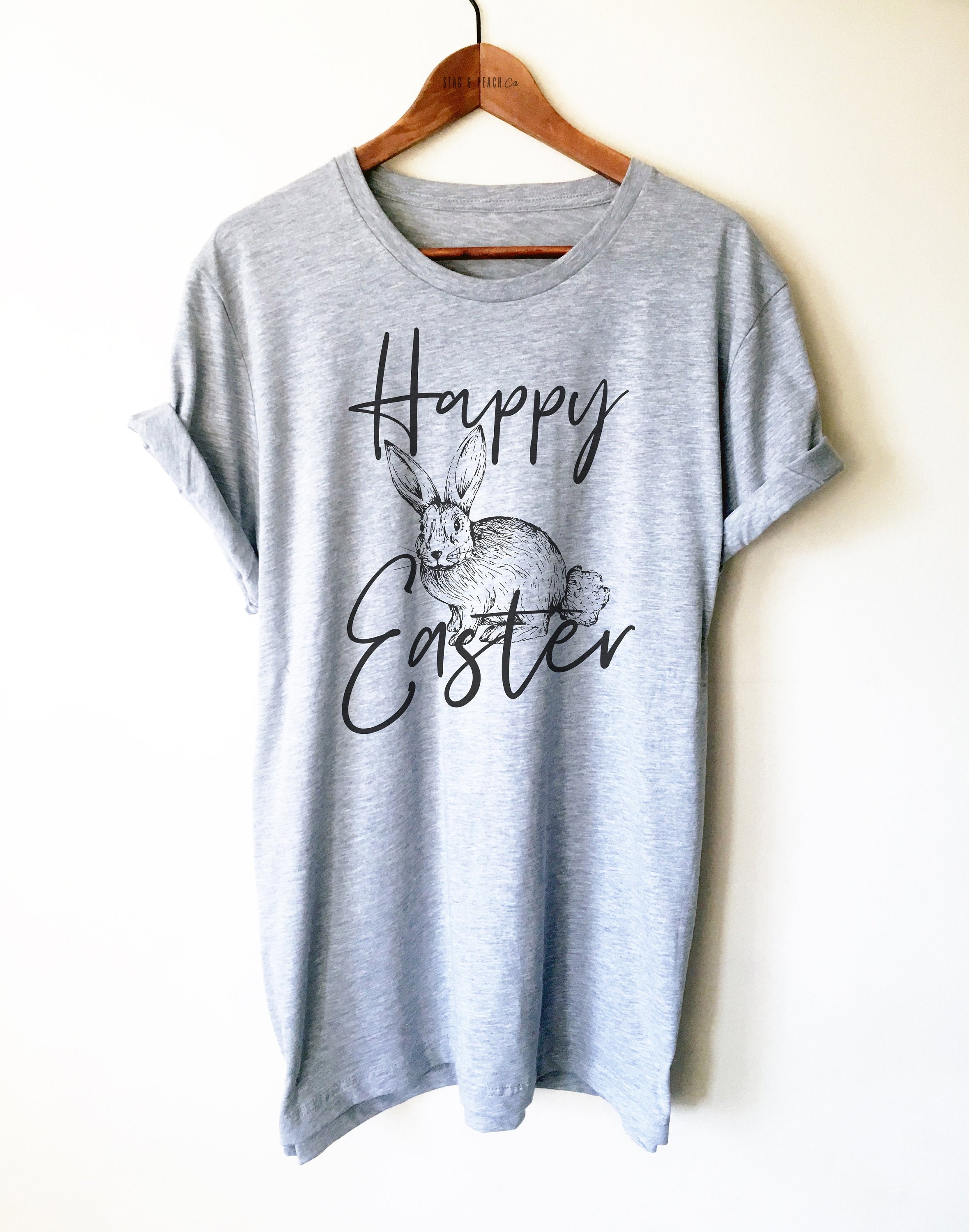 Happy Easter Unisex Shirt - Rabbit Lover Gift, Easter Bunny Shirt, Easter Basket Gifts, Bunny Print Shirt, Easter Stuffer, Christian Easter - Stag & Peach Co