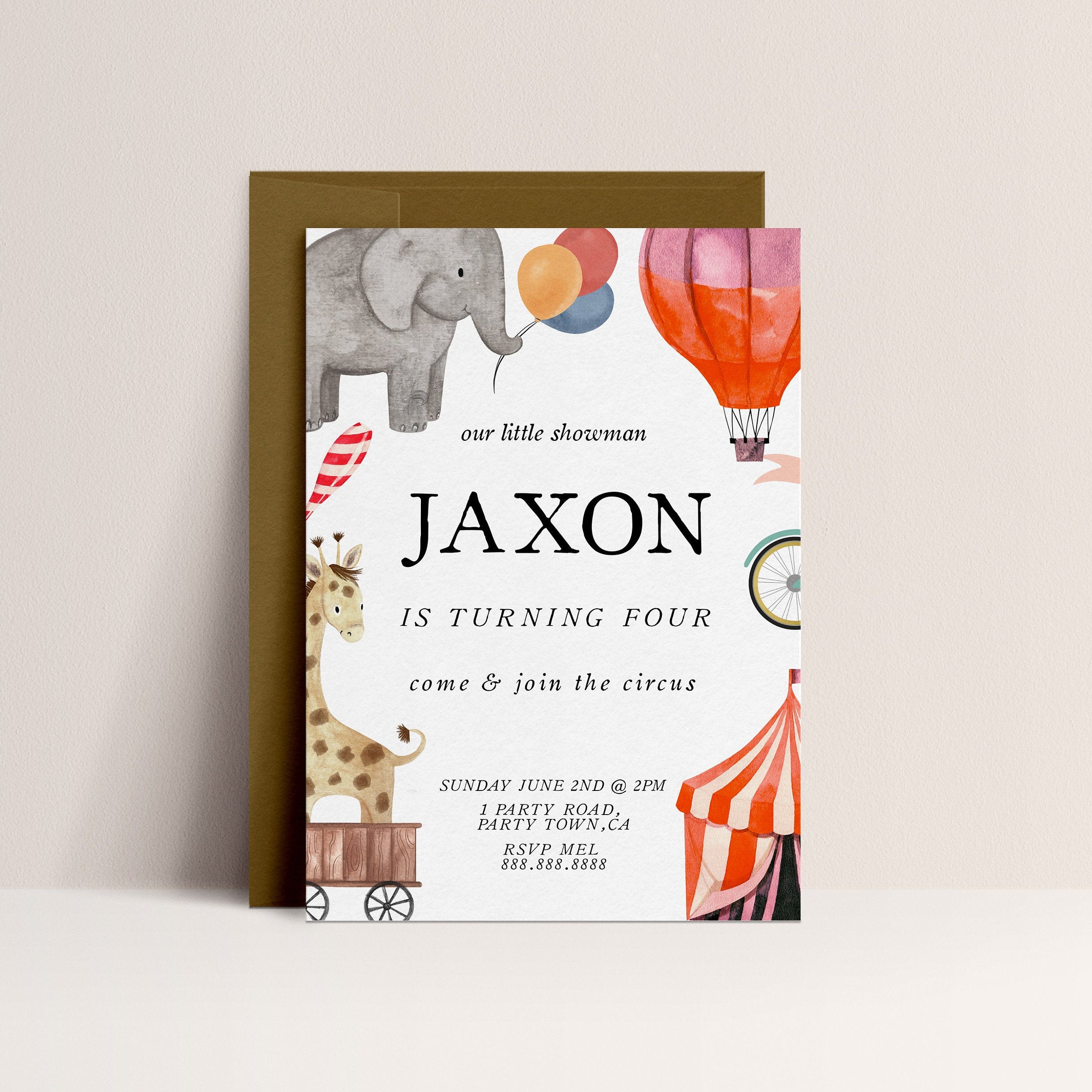 Circus Birthday Invitation - Editable Circus Invitation, Carnival Birthday Invitation, Circus Theme Party Invitation, Circus Animal Invite