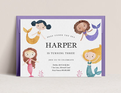 Mermaid Birthday Party Invitation - Mermaid Birthday Invitation Template, Mermaid Birthday Invitation Digital, Under The Sea Birthday Invite