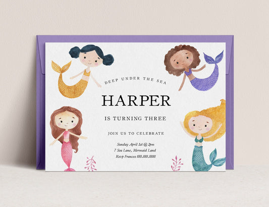 Mermaid Birthday Party Invitation - Mermaid Birthday Invitation Template, Mermaid Birthday Invitation Digital, Under The Sea Birthday Invite