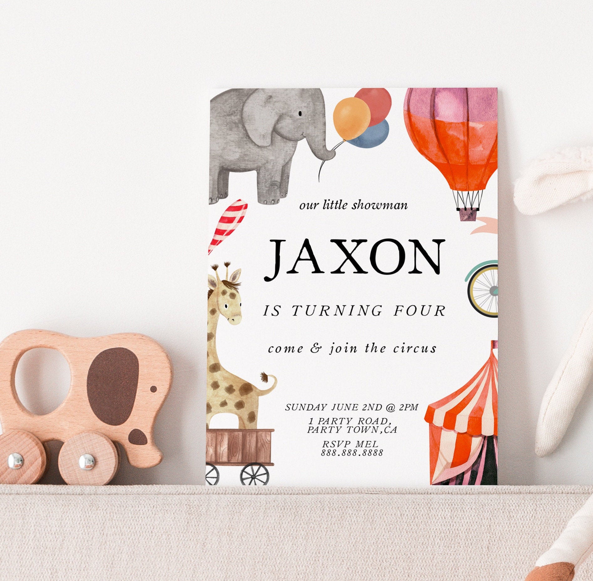 Circus Birthday Invitation - Editable Circus Invitation, Carnival Birthday Invitation, Circus Theme Party Invitation, Circus Animal Invite