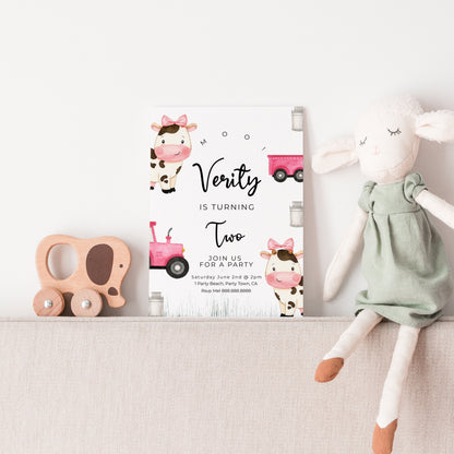 Cow Birthday Invitation - Cow Birthday Party Invitation, Cow Theme Birthday Party, Cow Invitations For A Girl, Cow Party, Instant Download