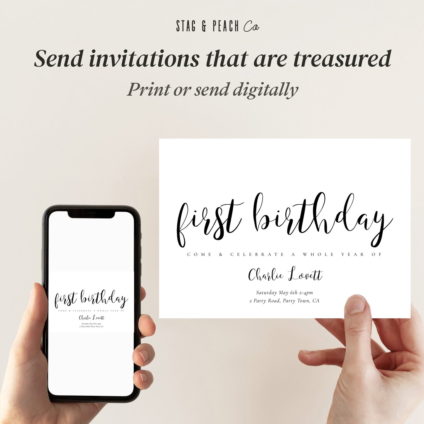 First Birthday Invitation Modern -First Birthday Party Invitation, First Birthday Invite Digital, First Birthday Girl, Boy, Instant Download