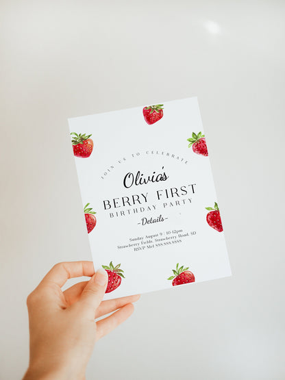Strawberry Birthday Invitation - Editable First Birthday Invitation Girl, Berry First Birthday Invitation, Cute Printable Instant Download