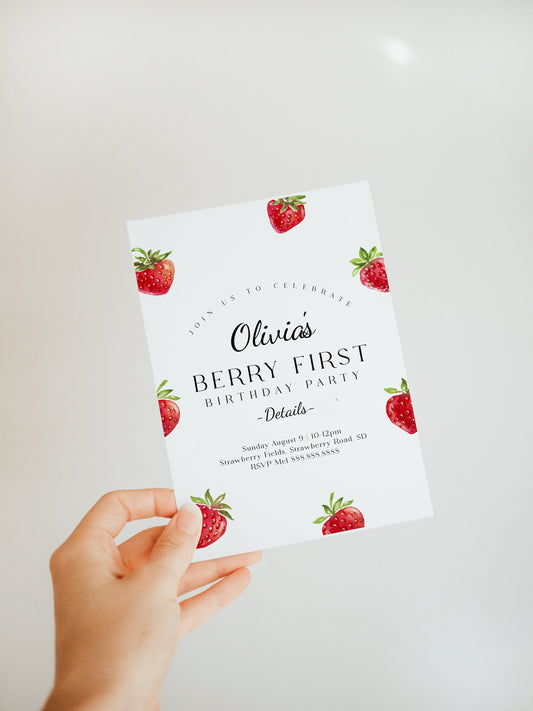 Strawberry Birthday Invitation - Editable First Birthday Invitation Girl, Berry First Birthday Invitation, Cute Printable Instant Download