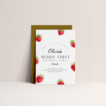 Strawberry Birthday Invitation - Editable First Birthday Invitation Girl, Berry First Birthday Invitation, Cute Printable Instant Download