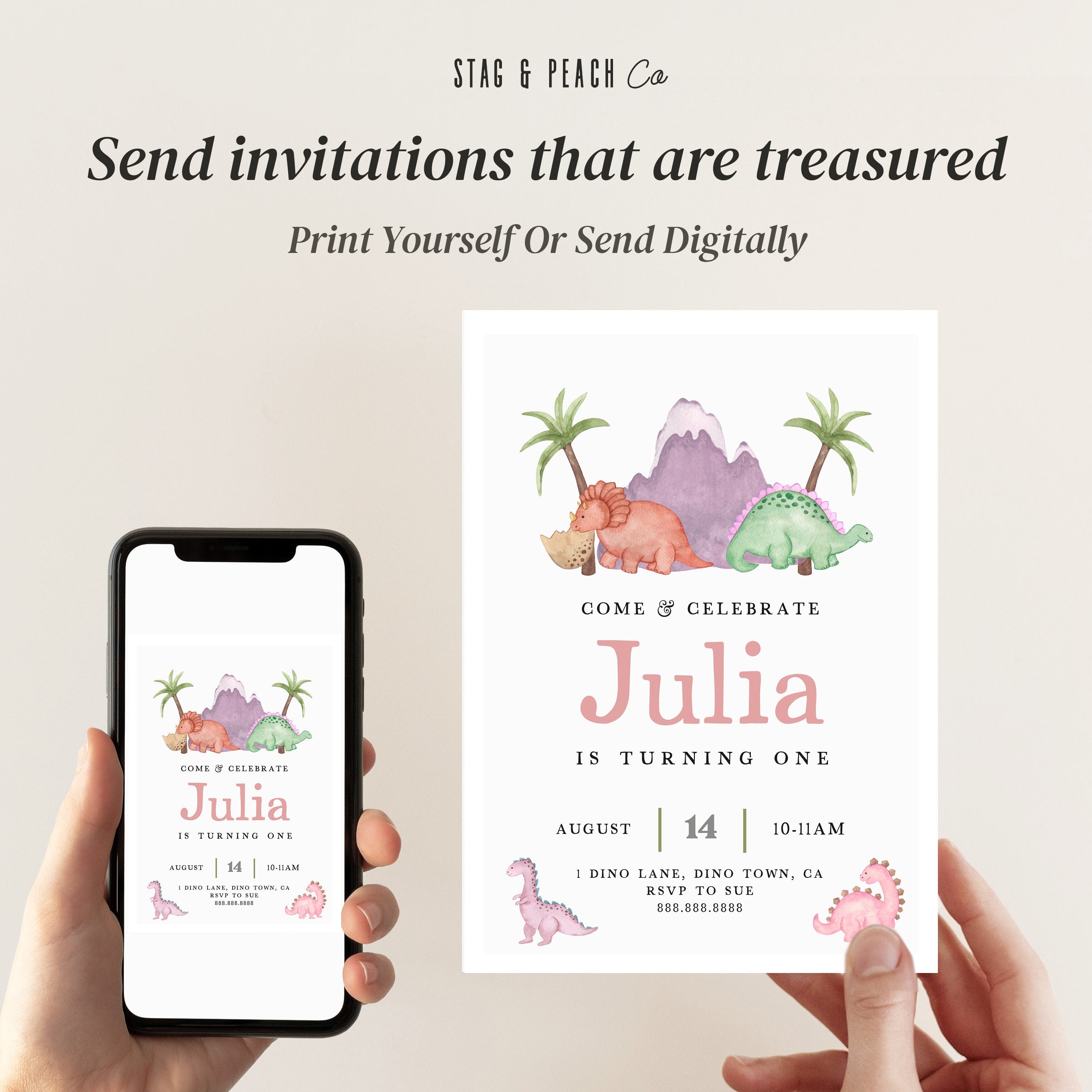 Girl Dinosaur Invitation - Dinosaur Birthday Invitation, Pink and Purple, Girl Dino Invite, Editable Dinosaur Party Invite, Instant Download