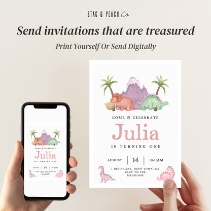 Girl Dinosaur Invitation - Dinosaur Birthday Invitation, Pink and Purple, Girl Dino Invite, Editable Dinosaur Party Invite, Instant Download