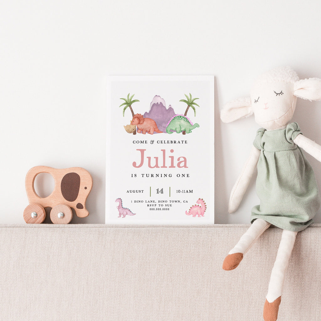 Girl Dinosaur Invitation - Dinosaur Birthday Invitation, Pink and Purple, Girl Dino Invite, Editable Dinosaur Party Invite, Instant Download