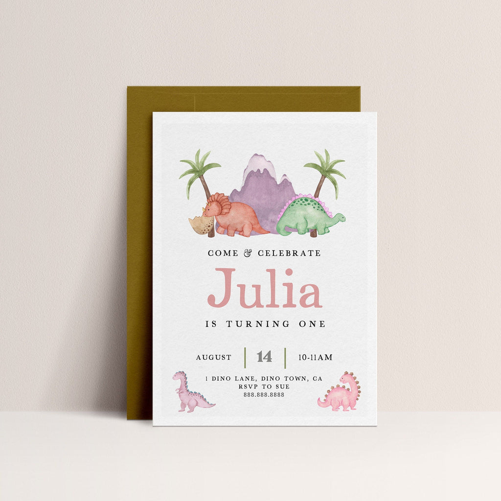 Girl Dinosaur Invitation - Dinosaur Birthday Invitation, Pink and Purple, Girl Dino Invite, Editable Dinosaur Party Invite, Instant Download