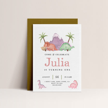 Girl Dinosaur Invitation - Dinosaur Birthday Invitation, Pink and Purple, Girl Dino Invite, Editable Dinosaur Party Invite, Instant Download