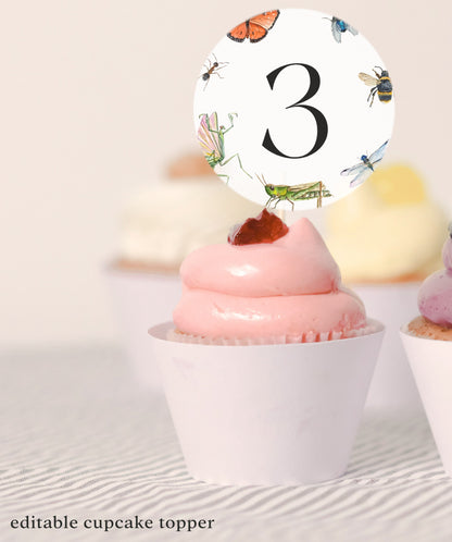 Bug Cupcake Toppers - Insect Cupcake Toppers, Bug Birthday Decorations, Nature Birthday Theme, Bug Cake Topper, Editable Instant Download